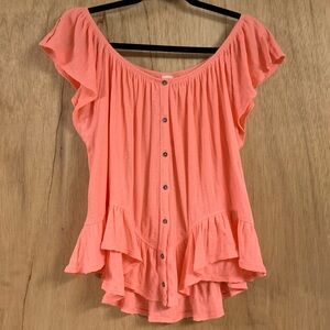 FREE PEOPLE WE THE FREE CORAL COTTON TOP! Modal Blend Ruffle Split Sleeve Peplum